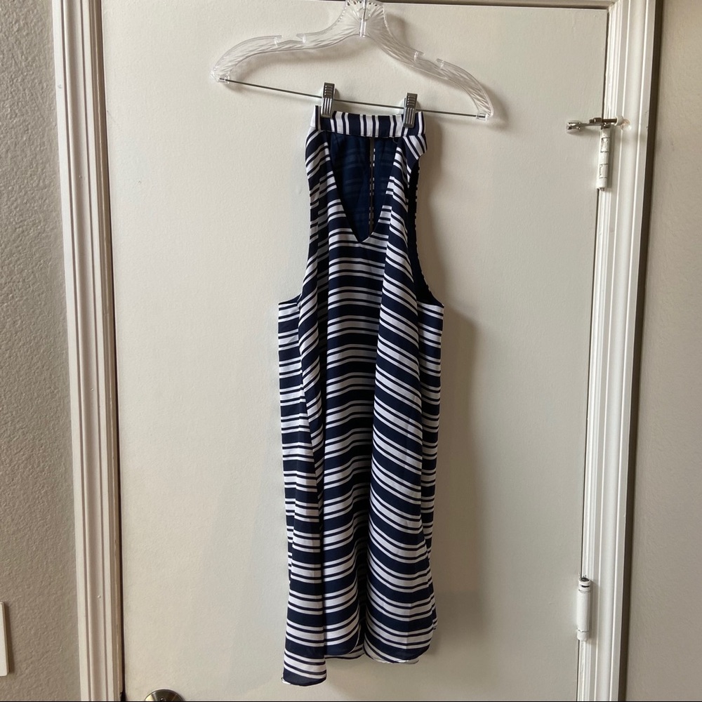 Vici key hole navy and white striped mini dress